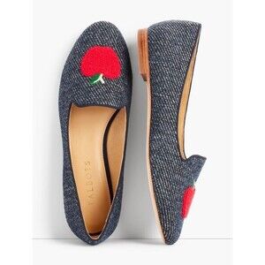 Talbots Ryan SZ 9.5 Embroidered Apple Summer Blue Leather Flats Loafers Shoes